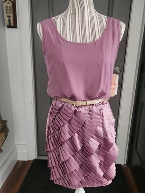Dress With Pleated Tiered Mauve Skirt-Women's  - Elegant Layered Design